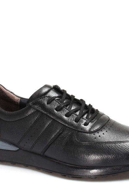 Men's Black Leather Lace-Up Sneakers with Perforated Design and Cushioned Sole