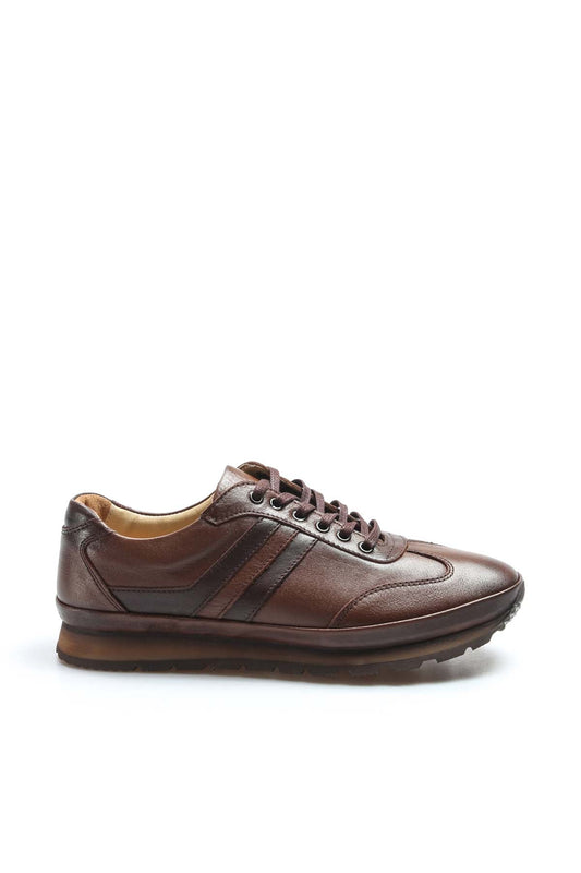 Men's Brown Leather Lace-Up Sneakers with Cushioned Sole