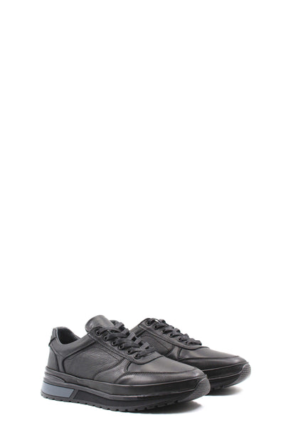 Men's Black Leather Lace-Up Sneakers with Elevated Sole