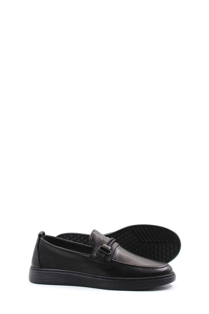 Men's Black Leather Buckle Loafers-Wessi
