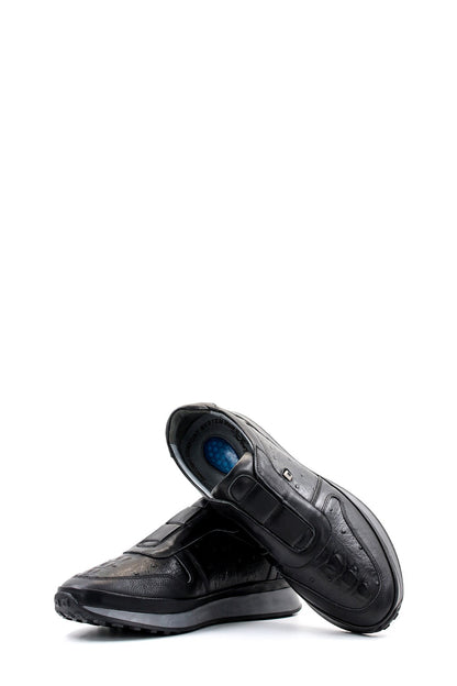 Men's Black Leather Sneakers with Textured Sole