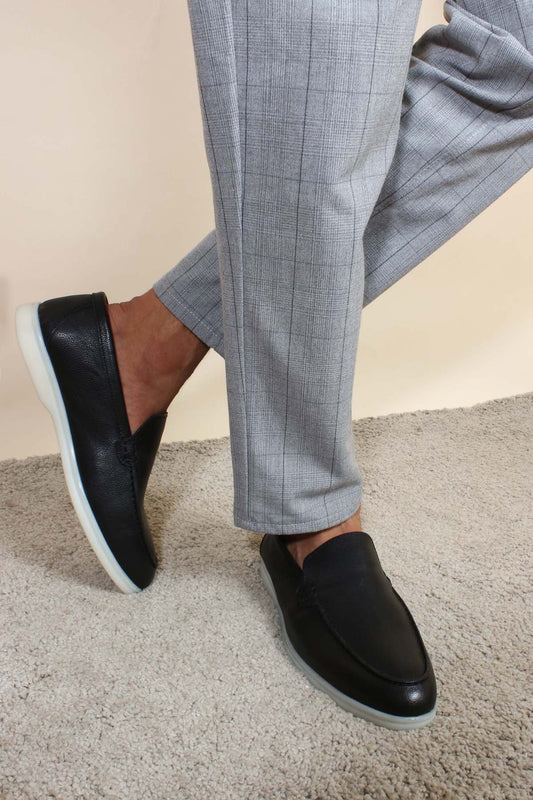 KOALA SYDNEY Men's Black Leather Slip-On Loafers with White Sole