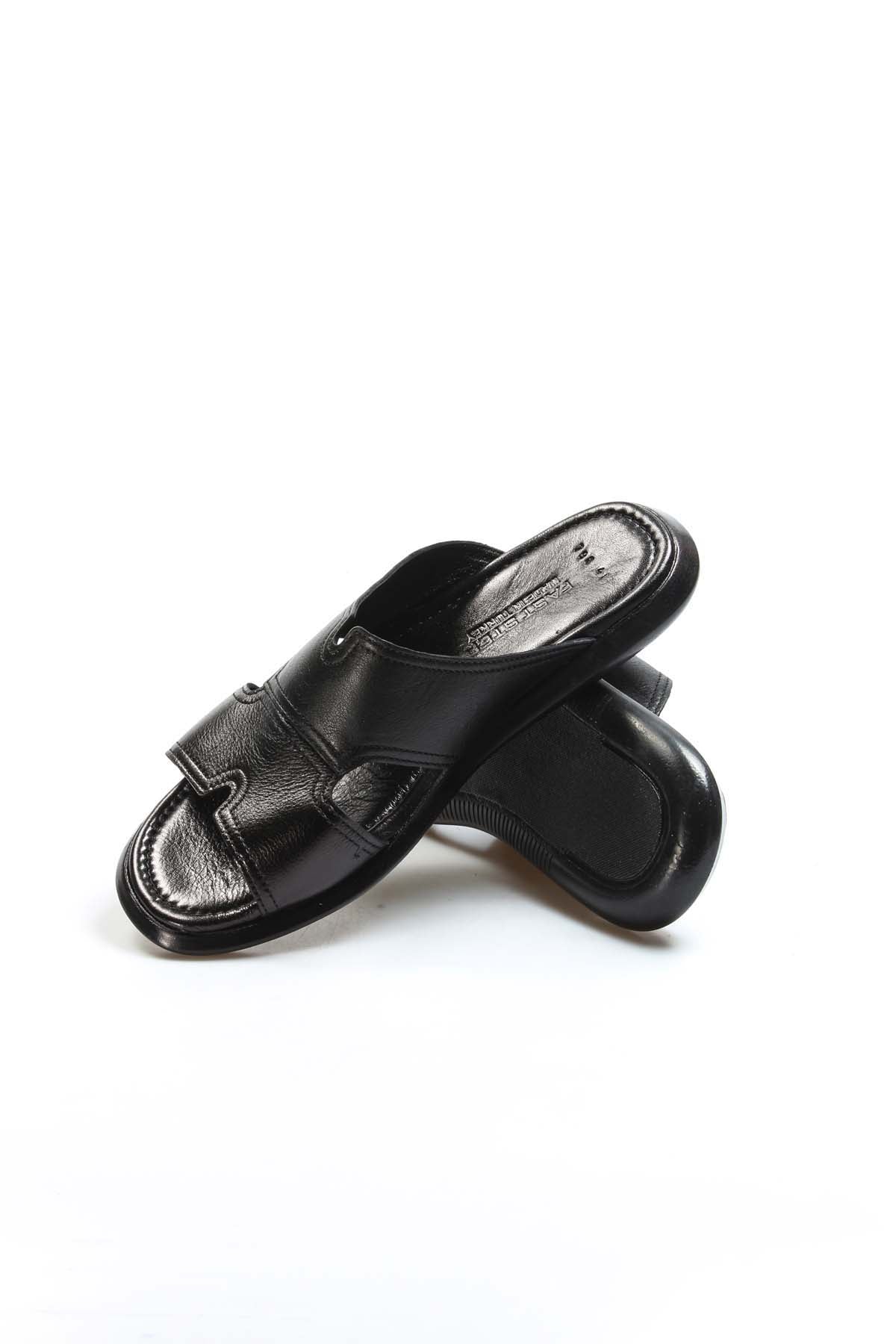 Men's Black Leather Slide Sandals-Wessi