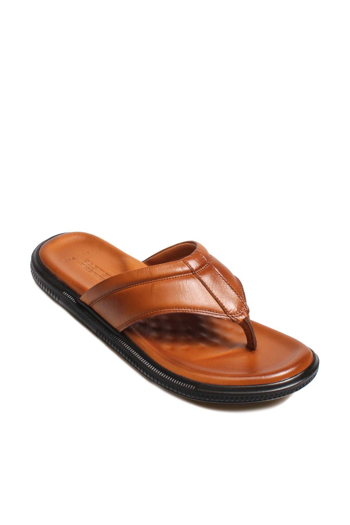 Men's Brown Leather Flip-Flops-Wessi