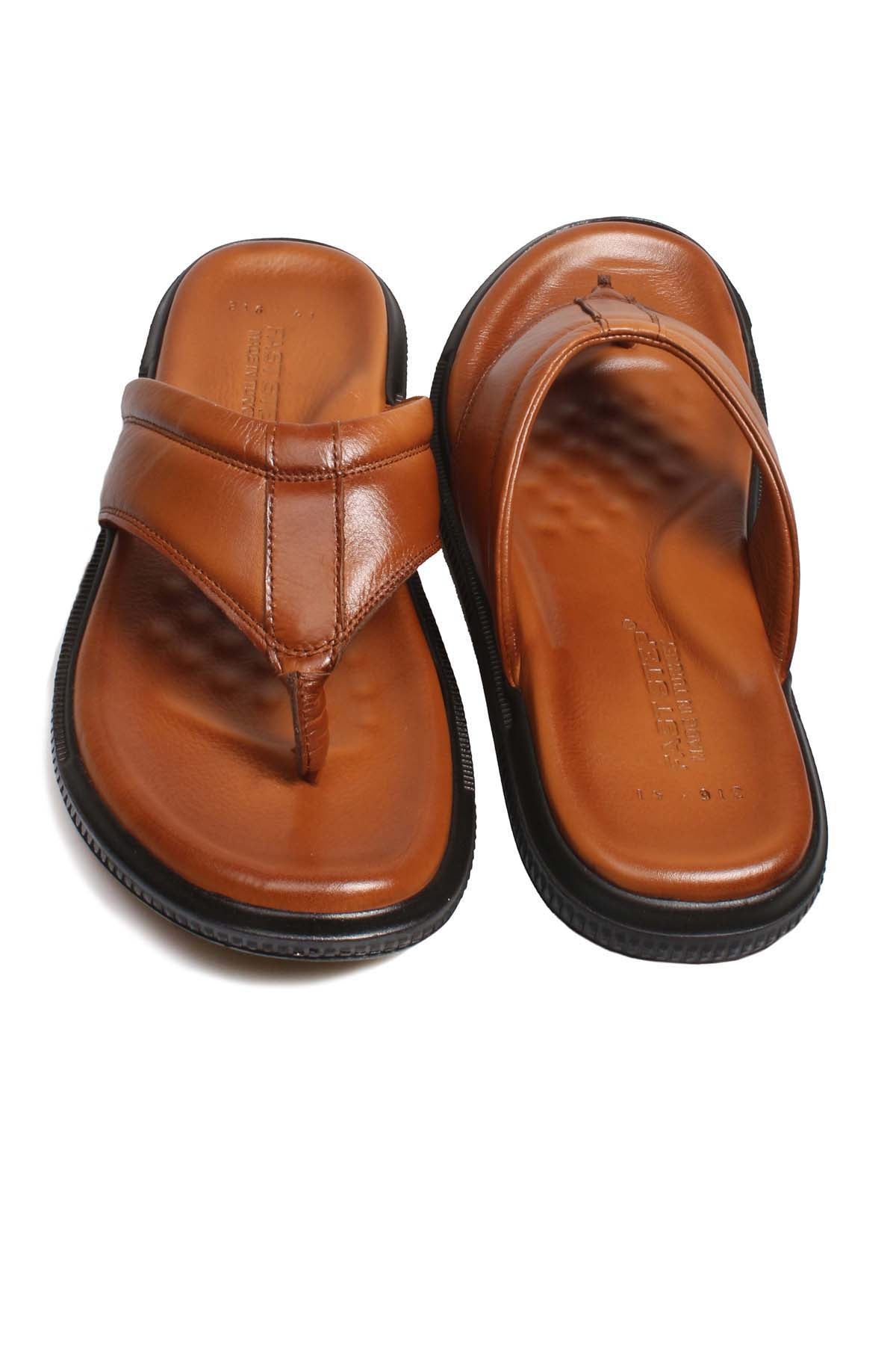 Men's Brown Leather Flip-Flops-Wessi