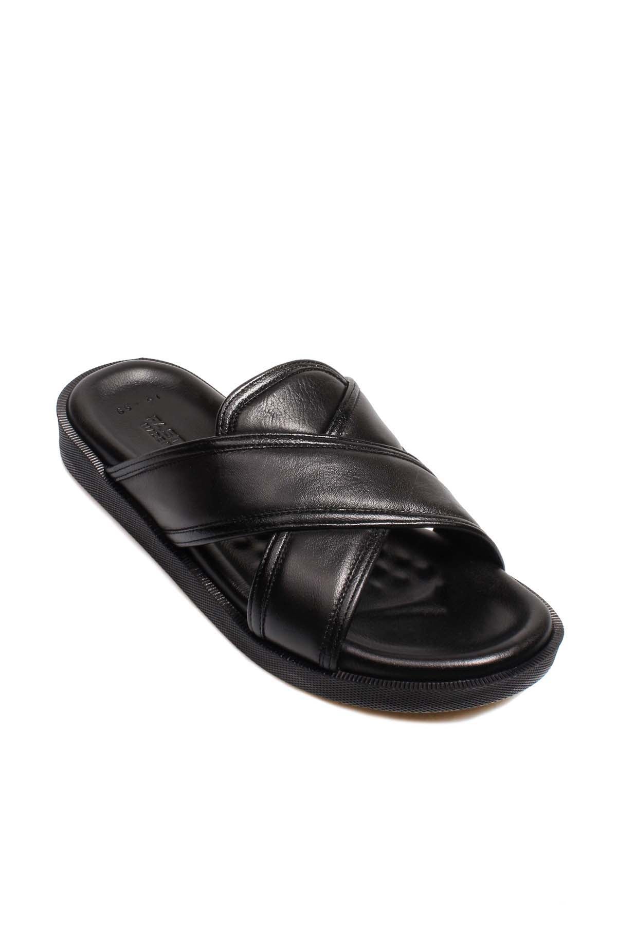Men's Black Leather Slide Sandals-Wessi