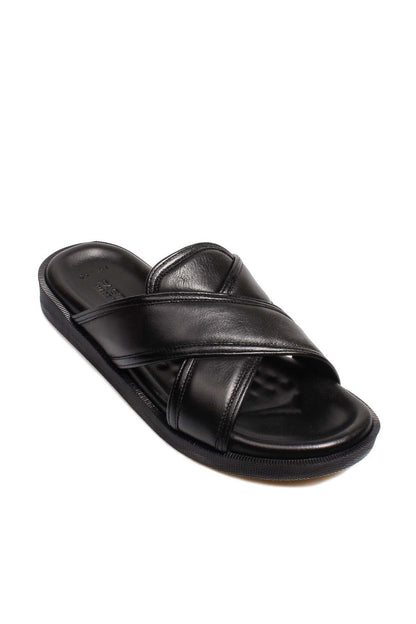Men's Black Leather Slide Sandals-Wessi