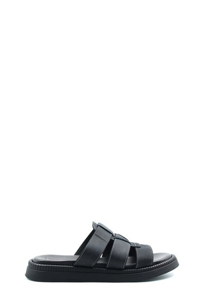 Men's Black Leather Slip-On Slippers with Triple-Strap Design and Cushioned Sole