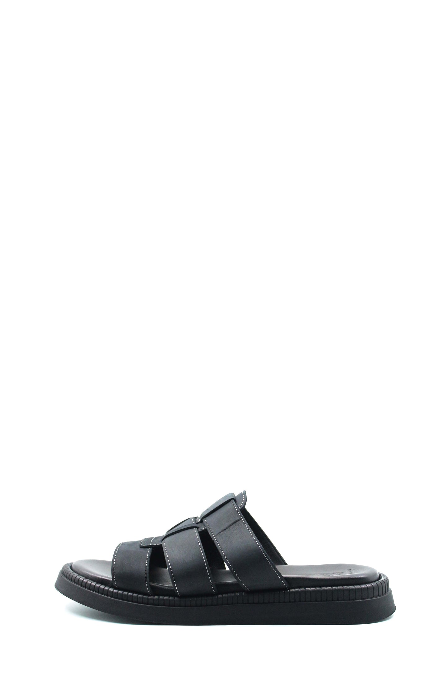 Men's Black Leather Slip-On Slippers with Triple-Strap Design and Cushioned Sole