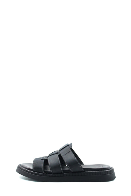 Men's Black Leather Slip-On Slippers with Triple-Strap Design and Cushioned Sole