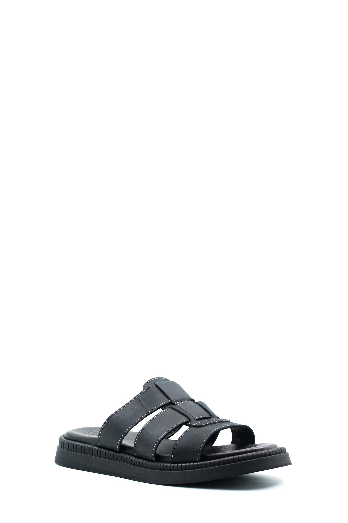 Men's Black Leather Slip-On Slippers with Triple-Strap Design and Cushioned Sole