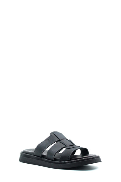 Men's Black Leather Slip-On Slippers with Triple-Strap Design and Cushioned Sole