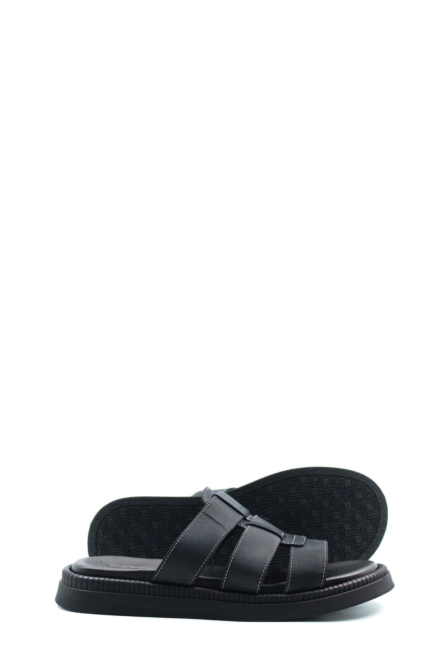 Men's Black Leather Slip-On Slippers with Triple-Strap Design and Cushioned Sole