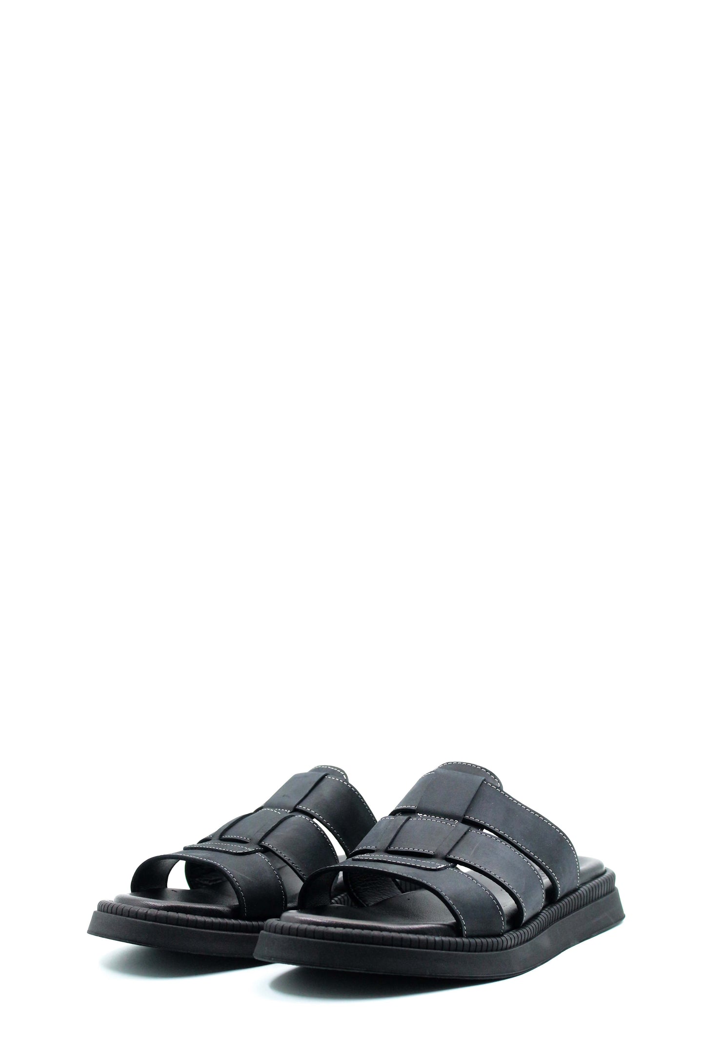 Men's Black Leather Slip-On Slippers with Triple-Strap Design and Cushioned Sole