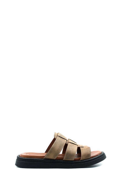 Men's Beige Leather Open Toe Slippers with Parallel Strap Design