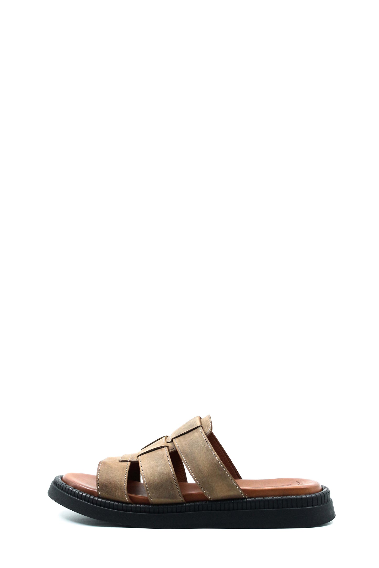 Men's Beige Leather Open Toe Slippers with Parallel Strap Design