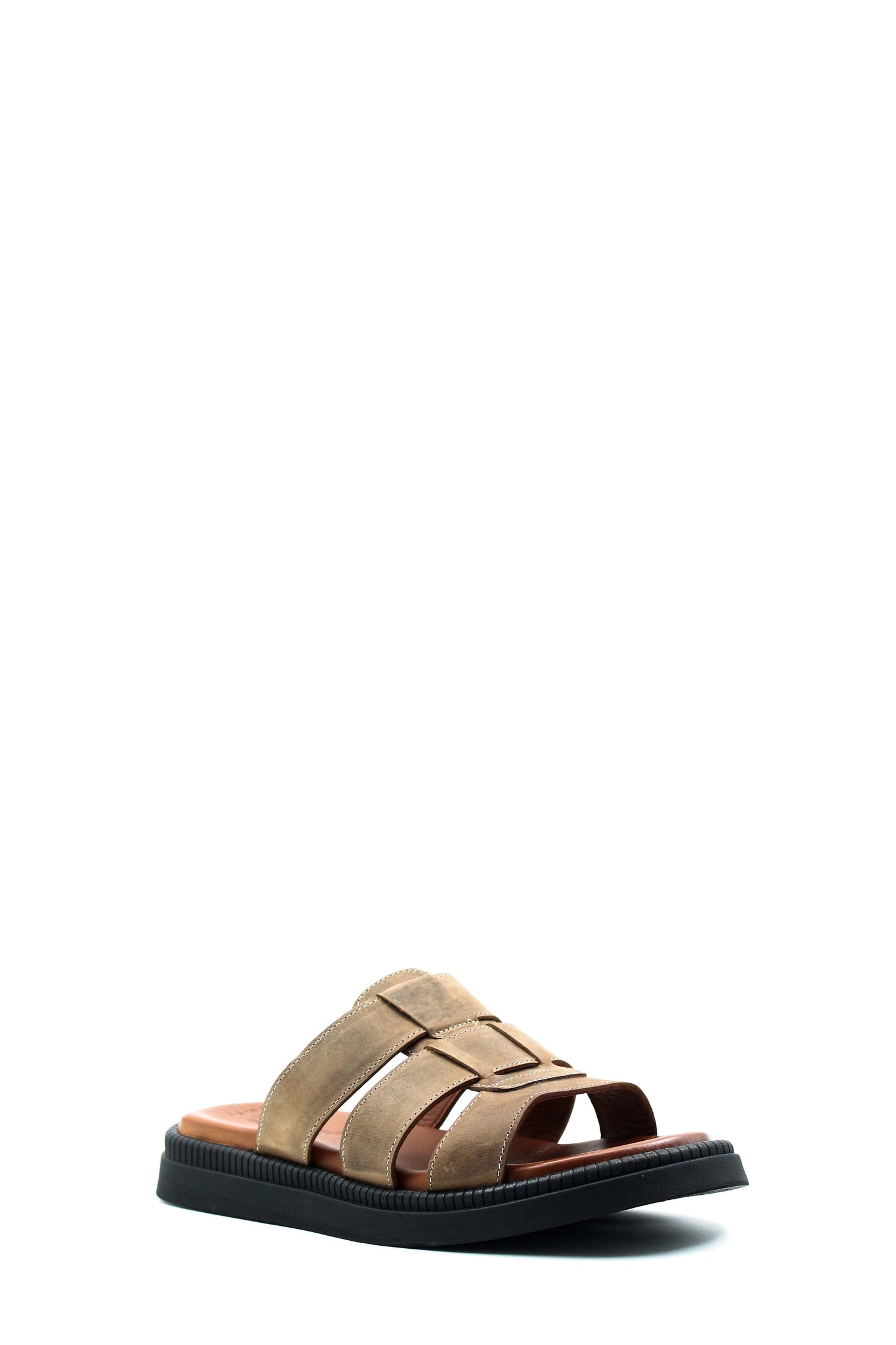 Men's Beige Leather Open Toe Slippers with Parallel Strap Design