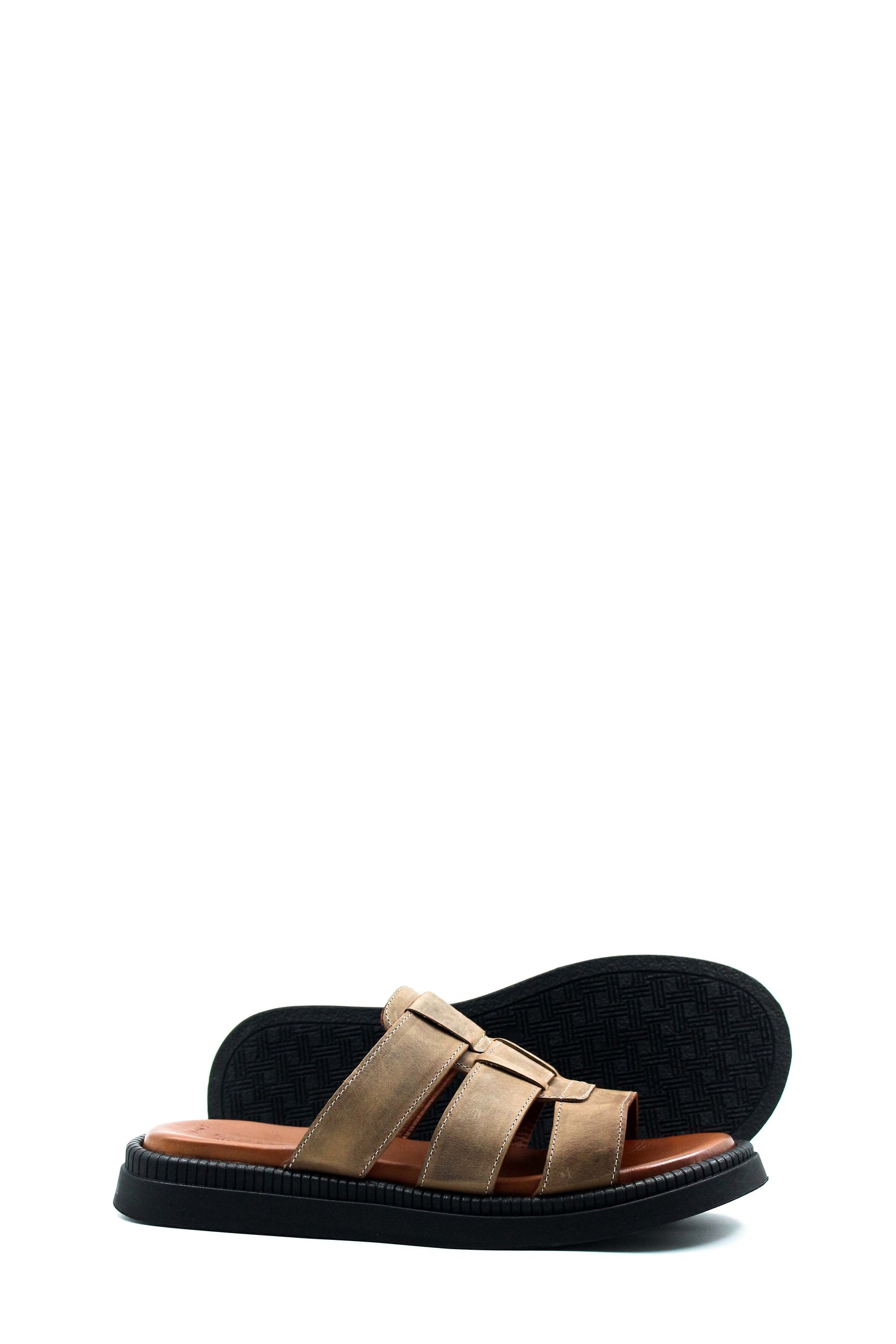 Men's Beige Leather Open Toe Slippers with Parallel Strap Design