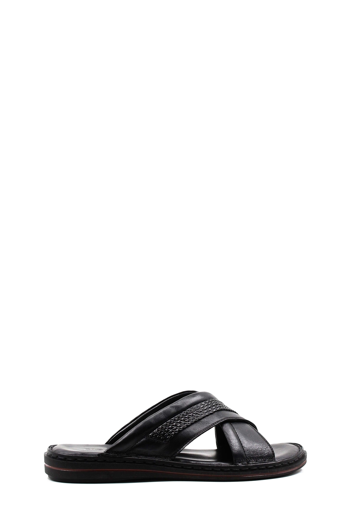 Men's Black Leather Crisscross Slide Slippers with Textured Straps and Cushioned Sole