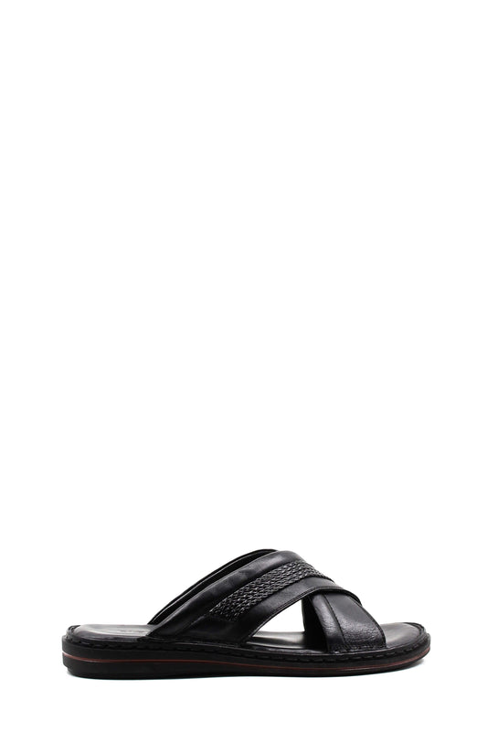 Men's Black Leather Crisscross Slide Slippers with Textured Straps and Cushioned Sole