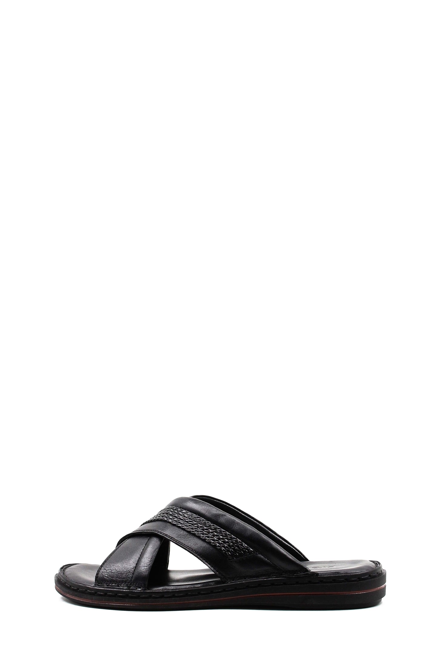 Men's Black Leather Crisscross Slide Slippers with Textured Straps and Cushioned Sole