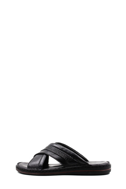 Men's Black Leather Crisscross Slide Slippers with Textured Straps and Cushioned Sole