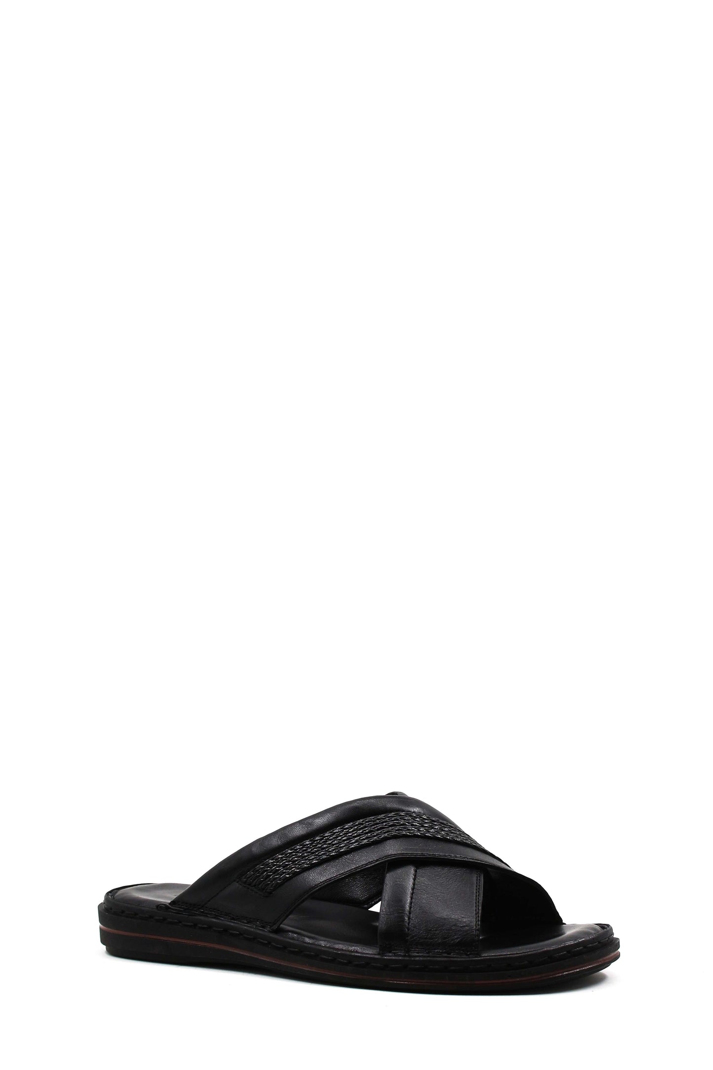 Men's Black Leather Crisscross Slide Slippers with Textured Straps and Cushioned Sole