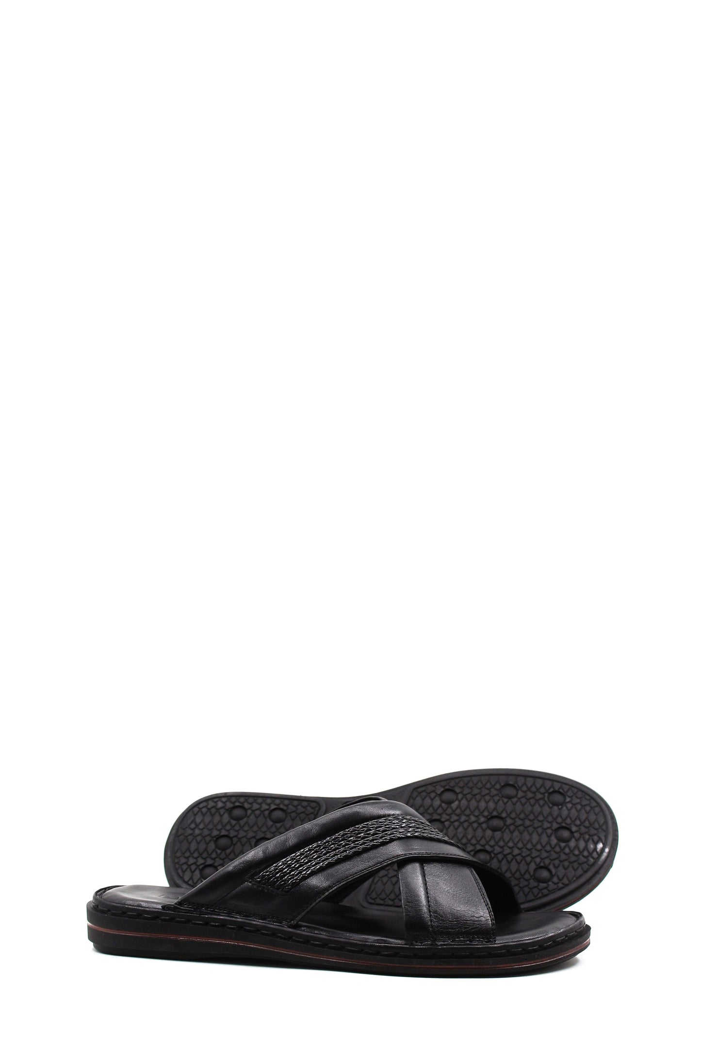 Men's Black Leather Crisscross Slide Slippers with Textured Straps and Cushioned Sole