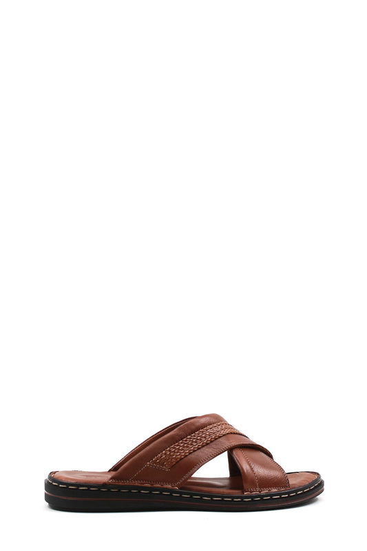 Men's Brown Leather Slippers with Cross-Strap Design and Stitched Sole