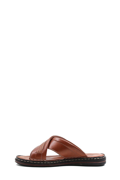 Men's Brown Leather Slippers with Cross-Strap Design and Stitched Sole