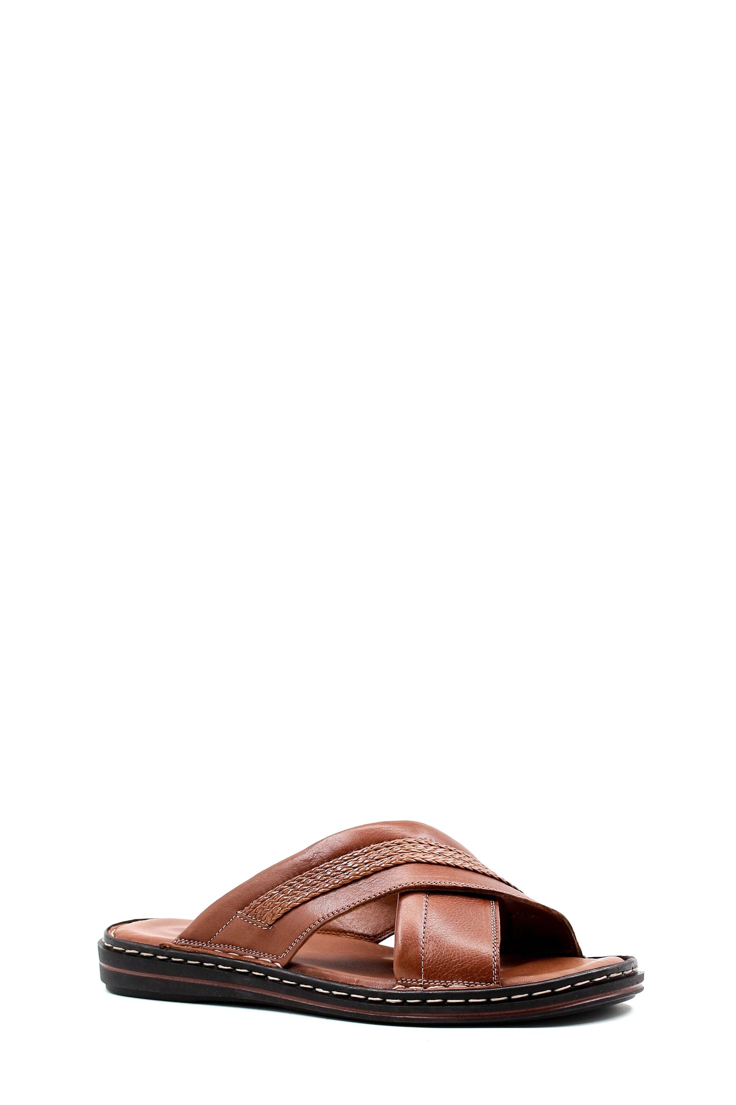 Men's Brown Leather Slippers with Cross-Strap Design and Stitched Sole