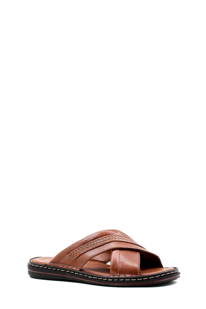 Men's Brown Leather Slippers with Cross-Strap Design and Stitched Sole