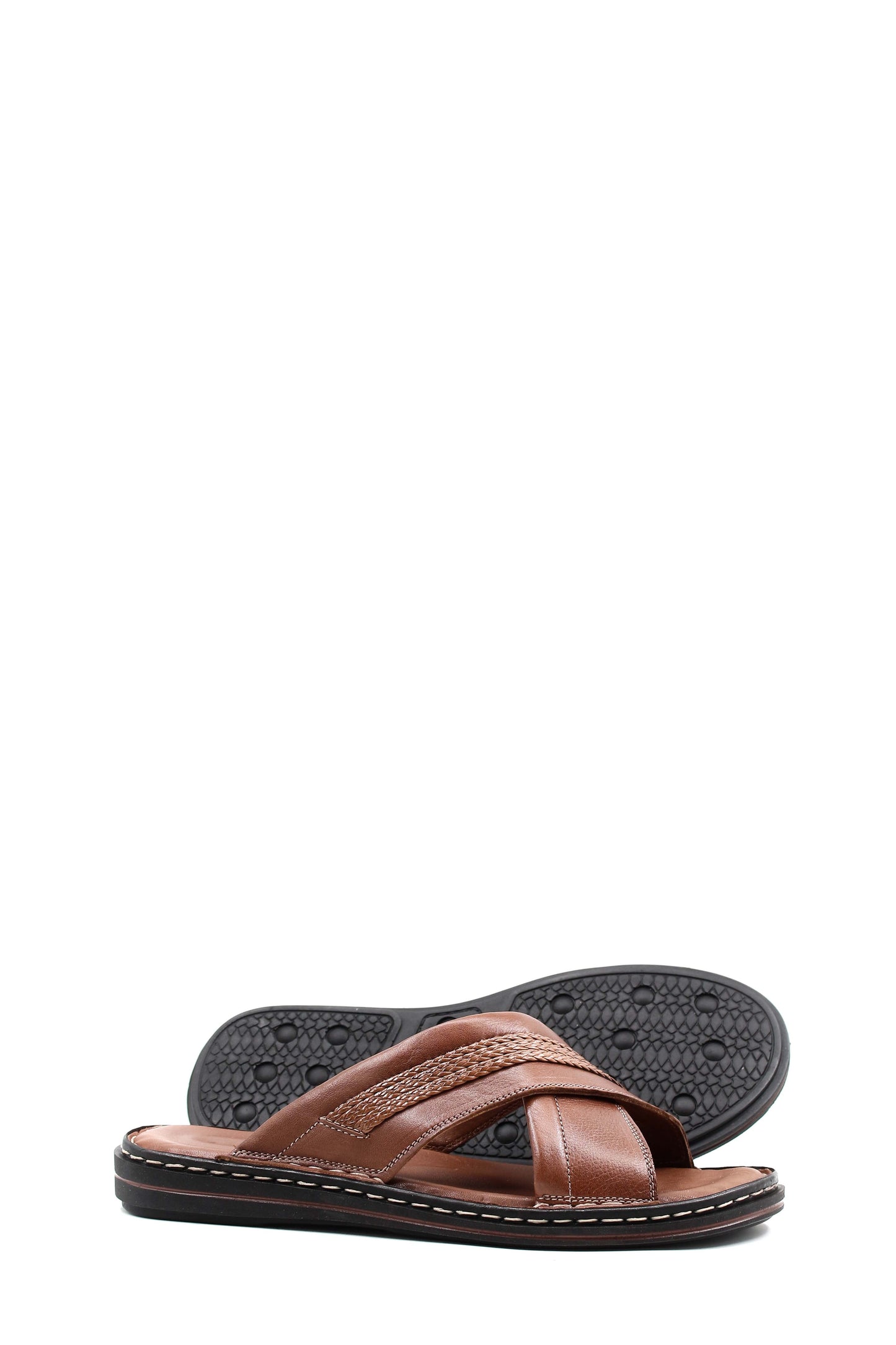 Men's Brown Leather Slippers with Cross-Strap Design and Stitched Sole
