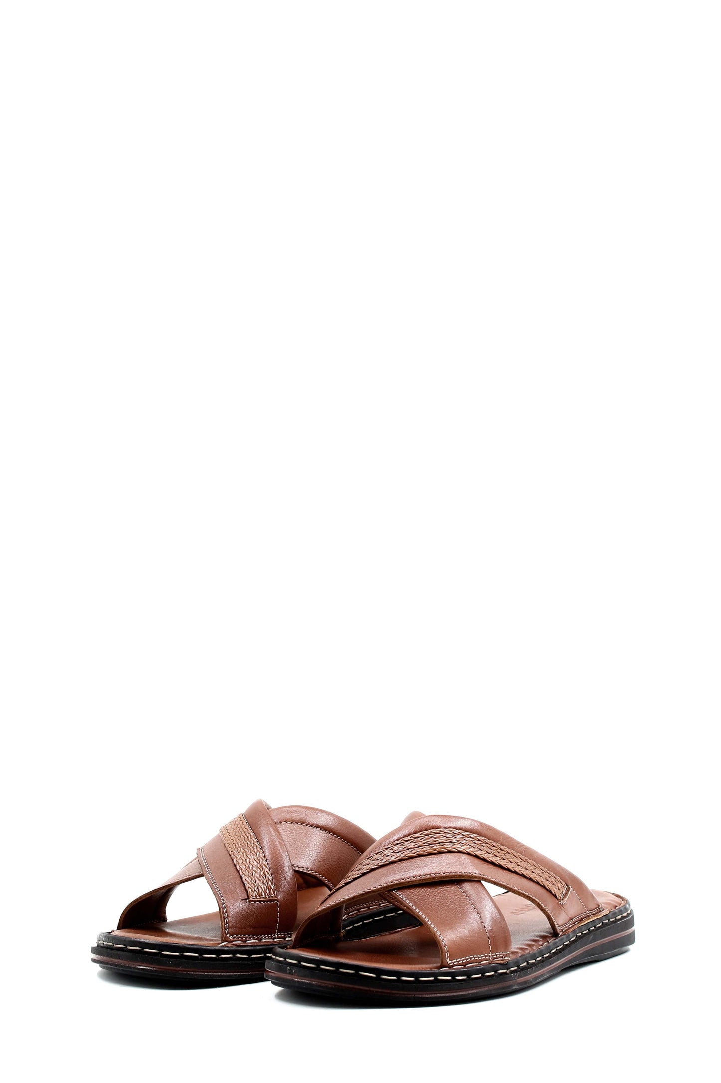 Men's Brown Leather Slippers with Cross-Strap Design and Stitched Sole