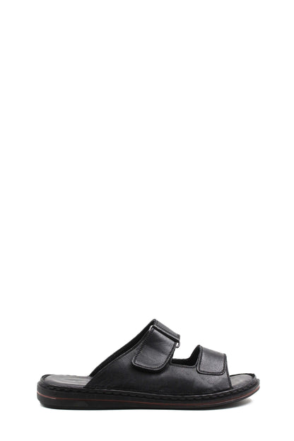 Men's Black Leather Open-Toe Slippers with Adjustable Straps