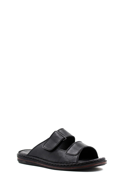 Men's Black Leather Open-Toe Slippers with Adjustable Straps