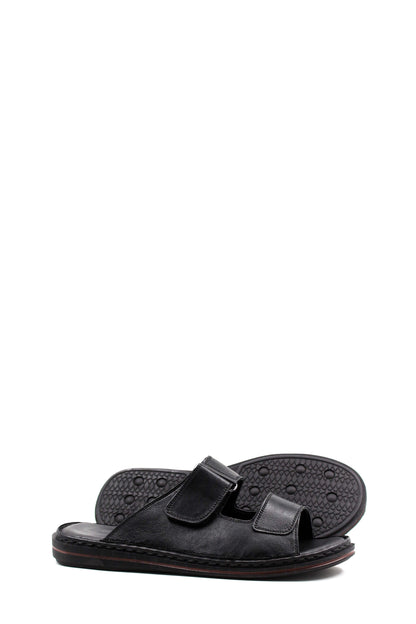 Men's Black Leather Open-Toe Slippers with Adjustable Straps
