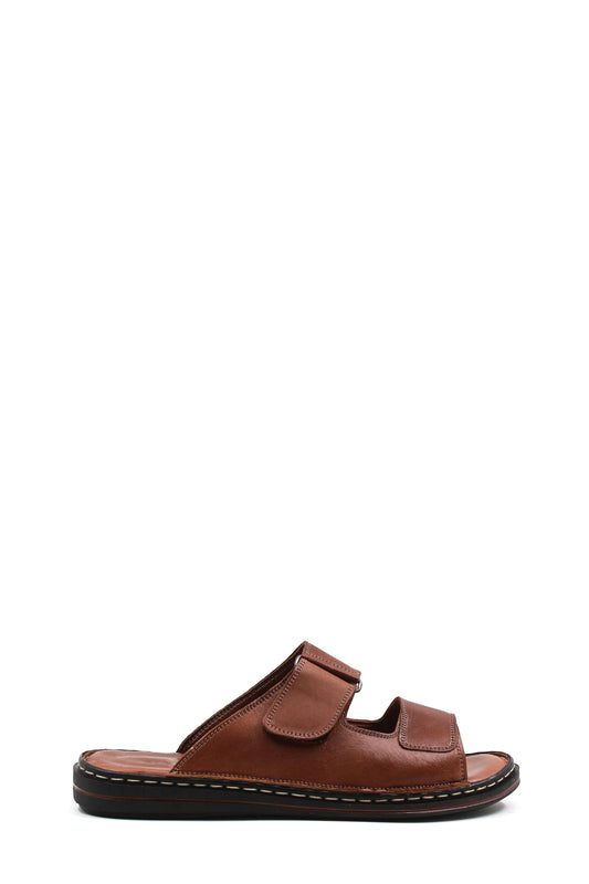 Men's Brown Leather Slippers with Dual Velcro Straps