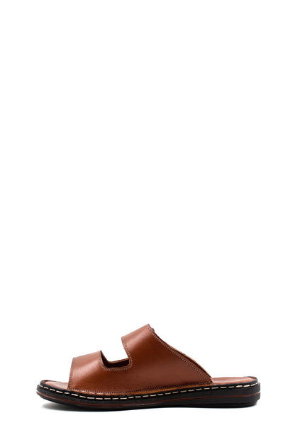 Men's Brown Leather Slippers with Dual Velcro Straps