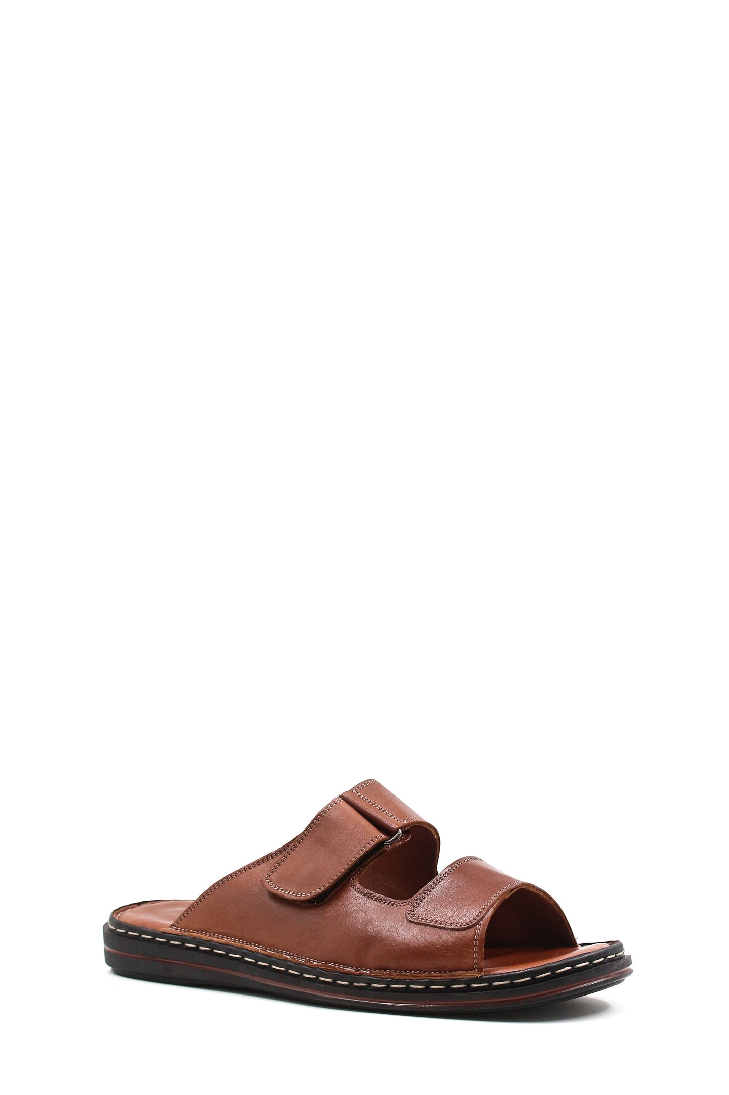 Men's Brown Leather Slippers with Dual Velcro Straps