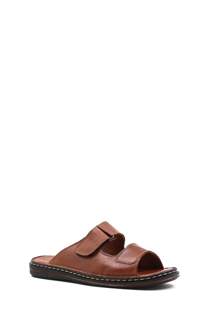 Men's Brown Leather Slippers with Dual Velcro Straps
