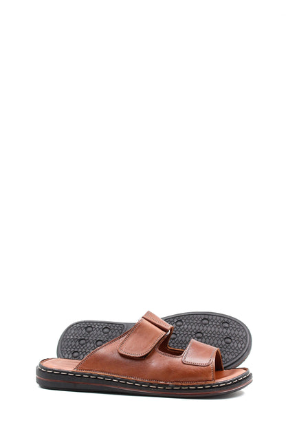 Men's Brown Leather Slippers with Dual Velcro Straps
