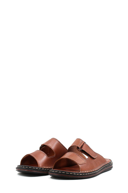 Men's Brown Leather Slippers with Dual Velcro Straps