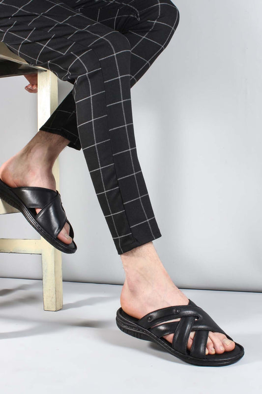 Men's Black Leather Crisscross Strap Slippers