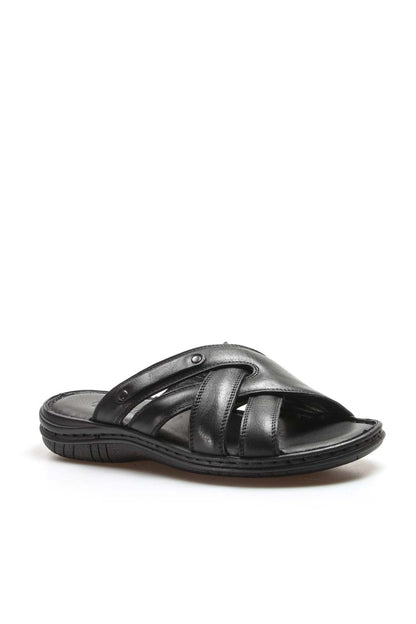 Men's Black Leather Crisscross Strap Slippers