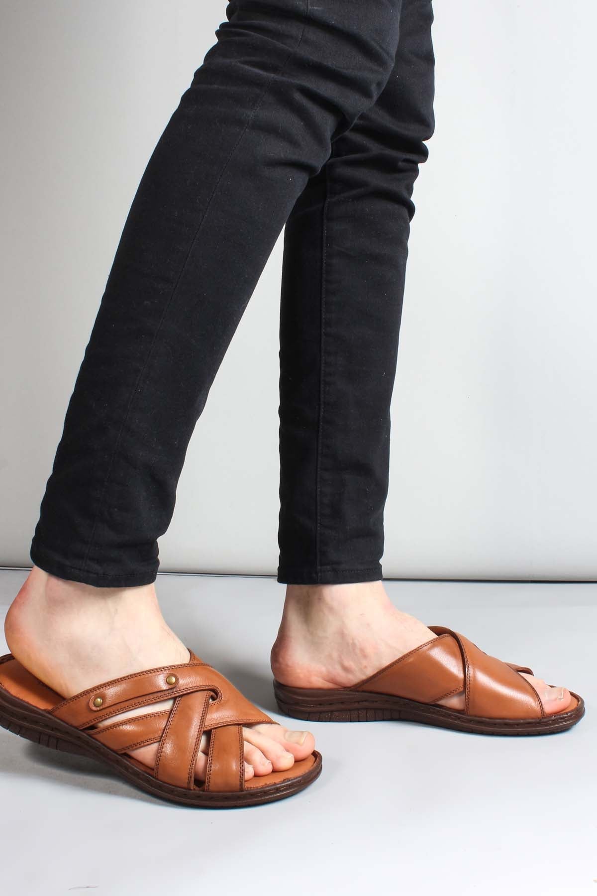 Men's Brown Leather Slide Sandals
