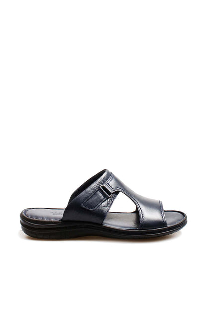 Men's Navy Leather Slide Sandals with Cutout Design