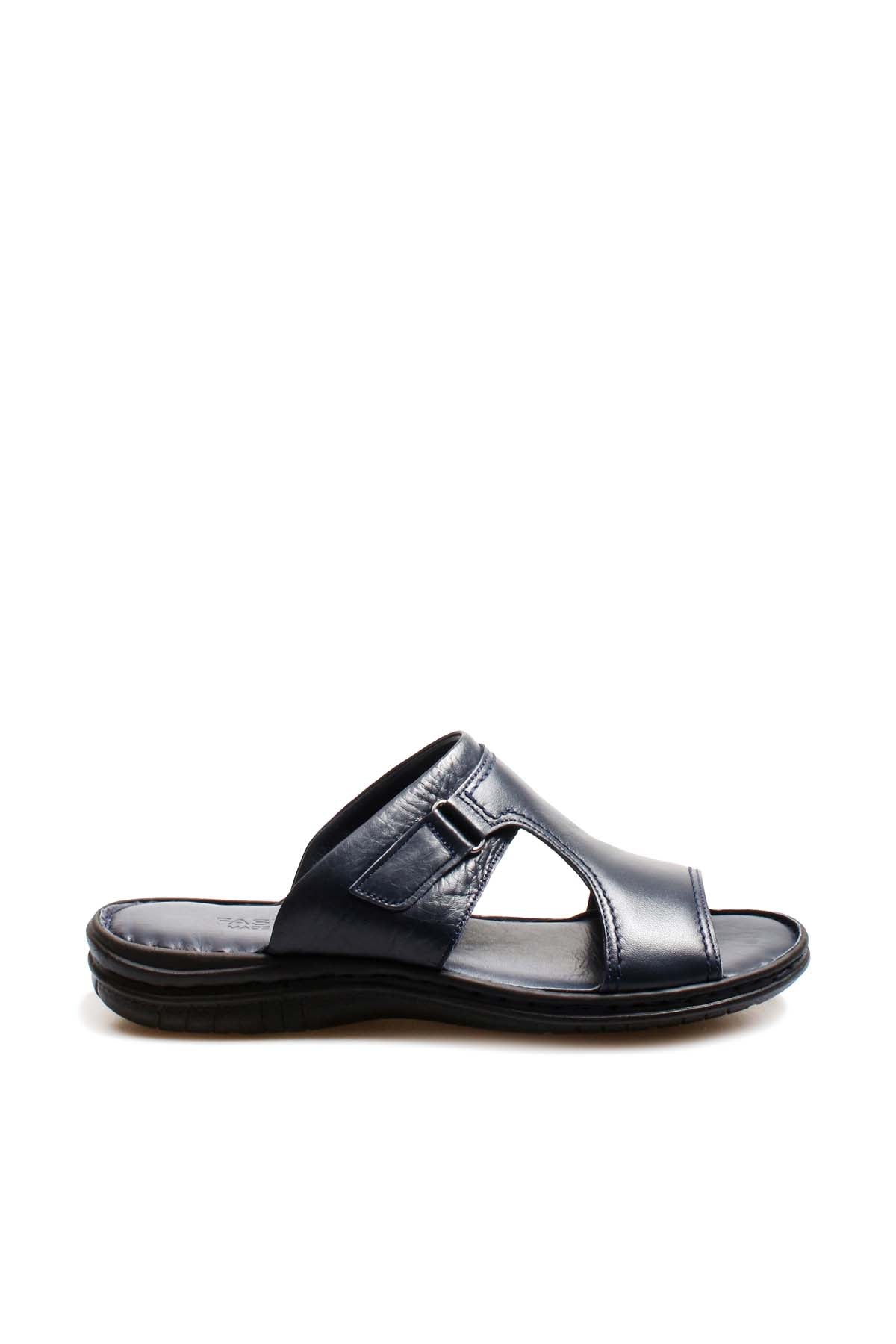 Men's Navy Leather Slide Sandals with Cutout Design