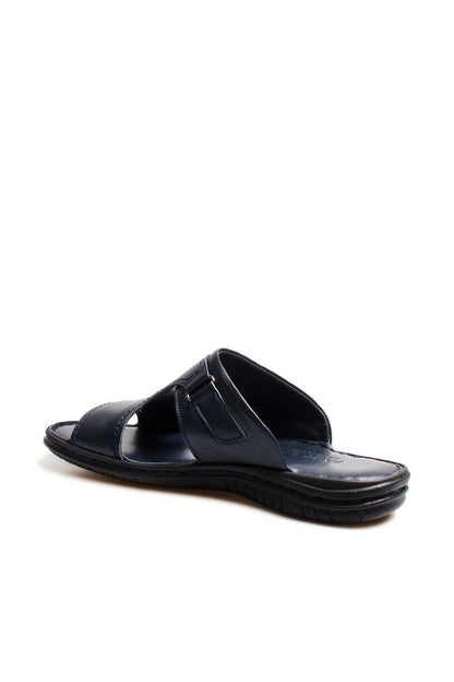 Men's Navy Leather Slide Sandals with Cutout Design
