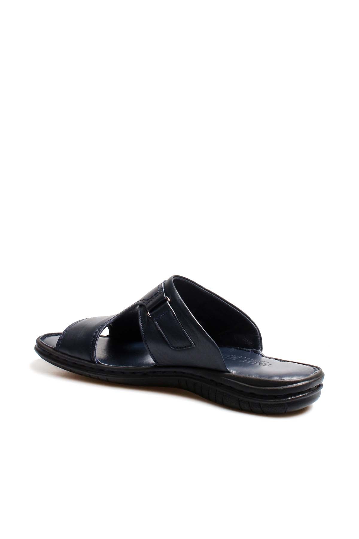 Men's Navy Leather Slide Sandals with Cutout Design
